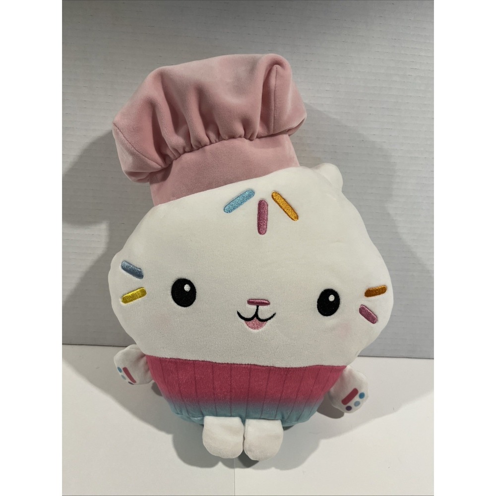 Gabby's Dollhouse Plush Cakey Cat Huggable Pink Chef Hat Stuffed Toy 12 Inch.